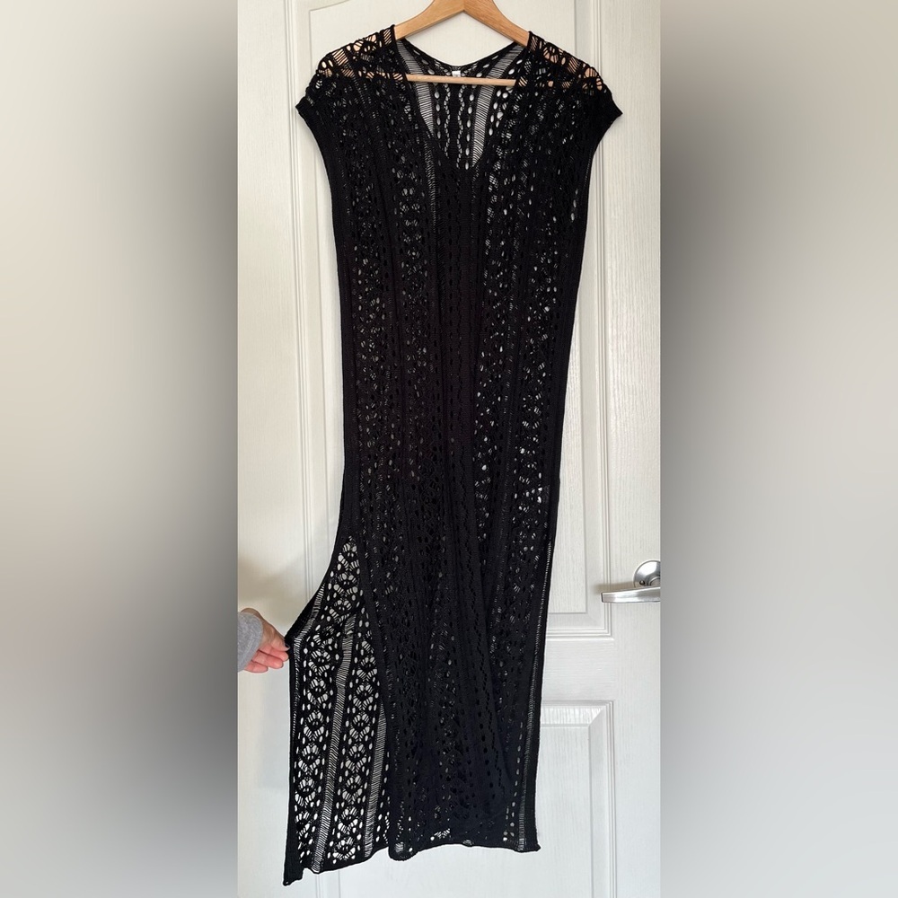 Black Crochet Maxi Dress Sleeveless Hollow Out Knit, S Whimsigoth Beach Cover Up